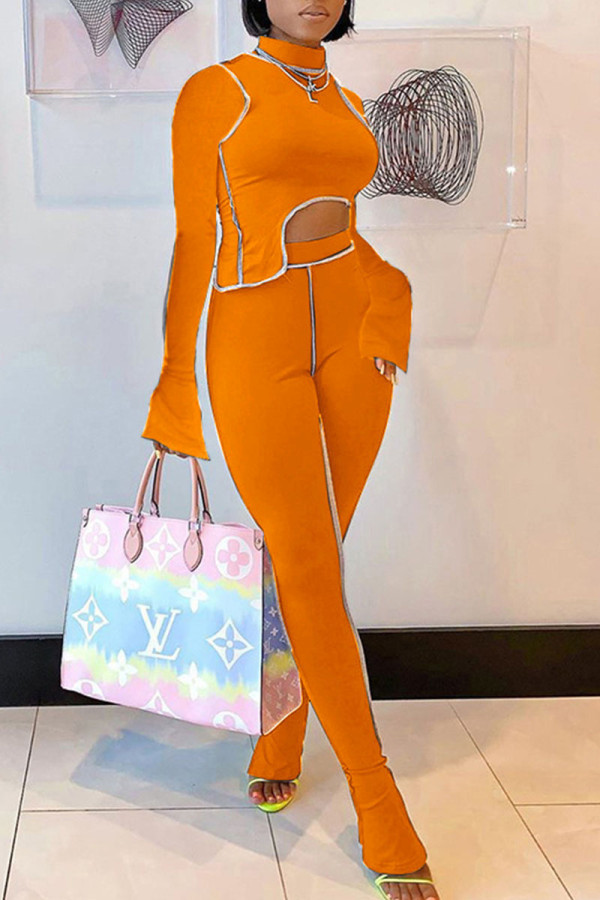 Tangerine Red Casual Solid Patchwork Asymmetrical Half A Turtleneck Long Sleeve Two Pieces