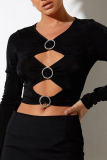 Black Sexy Solid Hollowed Out V Neck Tops