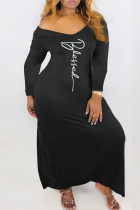 Black Fashion Casual Print Basic V Neck Long Sleeve Dresses