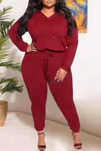 Burgundy Casual Solid Draw String Hooded Collar Plus Size Two Pieces