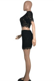 Black Fashion Sexy Solid Hollowed Out O Neck Short Sleeve Two Pieces