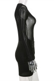 Apricot Fashion Sexy Patchwork See-through O Neck Long Sleeve Dresses