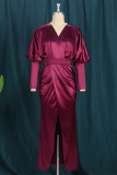 Burgundy Fashion Solid Slit Fold V Neck Lantern Sleeve Evening Dress