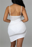 Pink Sexy Patchwork Hot Drilling See-through Backless V Neck Sling Dress