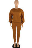 Coffee Casual Solid Patchwork O Neck Long Sleeve Two Pieces