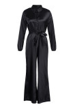 Green Casual Solid Patchwork Buckle Turndown Collar Straight Jumpsuits
