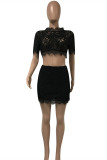 Black Fashion Sexy Solid Hollowed Out O Neck Short Sleeve Two Pieces