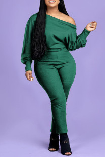Green Fashion Casual Solid Basic Oblique Collar Plus Size Jumpsuits