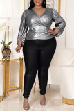 Rose Gold Sexy Solid Split Joint Fold V Neck Plus Size Tops