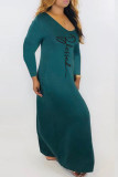 Green Fashion Casual Print Basic V Neck Long Sleeve Dresses