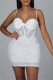 White Sexy Patchwork Hot Drilling Backless Spaghetti Strap Sleeveless Dress
