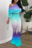 Yellow Red Fashion Casual Long Sleeve O Neck Regular Sleeve Short Gradual Change Two Pieces