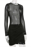 Apricot Fashion Sexy Patchwork See-through O Neck Long Sleeve Dresses