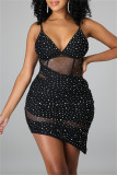 Pink Sexy Patchwork Hot Drilling See-through Backless V Neck Sling Dress