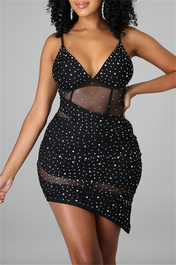 Black Sexy Patchwork Hot Drilling See-through Backless V Neck Sling Dress