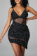 Black Sexy Patchwork Hot Drilling See-through Backless V Neck Sling Dress