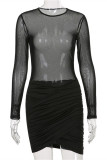 Apricot Fashion Sexy Patchwork See-through O Neck Long Sleeve Dresses