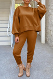 Coffee Casual Solid Patchwork O Neck Long Sleeve Two Pieces