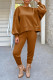 Coffee Casual Solid Patchwork O Neck Long Sleeve Two Pieces