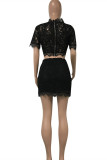 Black Fashion Sexy Solid Hollowed Out O Neck Short Sleeve Two Pieces