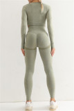 Army Green Casual Sportswear Solid Split Joint Skinny Long Sleeved Top Trousers Two-piece Set