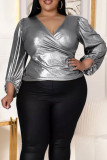 Rose Gold Sexy Solid Split Joint Fold V Neck Plus Size Tops