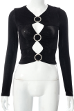 Black Sexy Solid Hollowed Out V Neck Tops