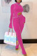 Rose Red Casual Solid Patchwork Asymmetrical Half A Turtleneck Long Sleeve Two Pieces