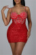 Red Sexy Patchwork Hot Drilling Backless Spaghetti Strap Sleeveless Dress