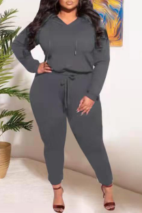 Grey Casual Solid Draw String Hooded Collar Plus Size Two Pieces