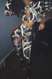 Black Sexy Casual Print Bandage Hollowed Out Turndown Collar Long Sleeve Two Pieces