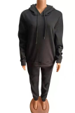 Black Casual Solid Draw String Hooded Collar Plus Size Two Pieces