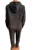 Black Casual Solid Draw String Hooded Collar Plus Size Two Pieces