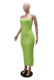 Green Sexy Patchwork Bandage Backless Slit Square Collar Sling Dress