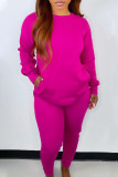 Rose Red Casual Solid Split Joint Pocket O Neck Long Sleeve Two Pieces