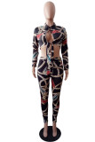 Black Sexy Casual Print Bandage Hollowed Out Turndown Collar Long Sleeve Two Pieces