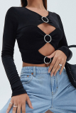 Black Sexy Solid Hollowed Out V Neck Tops