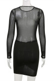 Apricot Fashion Sexy Patchwork See-through O Neck Long Sleeve Dresses