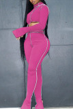 Rose Red Casual Solid Patchwork Asymmetrical Half A Turtleneck Long Sleeve Two Pieces