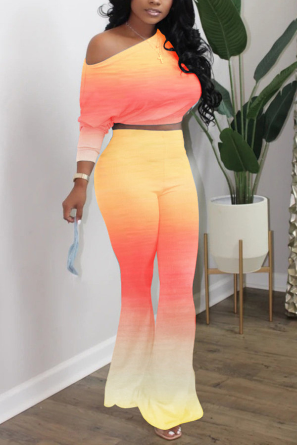 Yellow Red Fashion Casual Long Sleeve O Neck Regular Sleeve Short Gradual Change Two Pieces