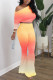 Yellow Red Fashion Casual Long Sleeve O Neck Regular Sleeve Short Gradual Change Two Pieces