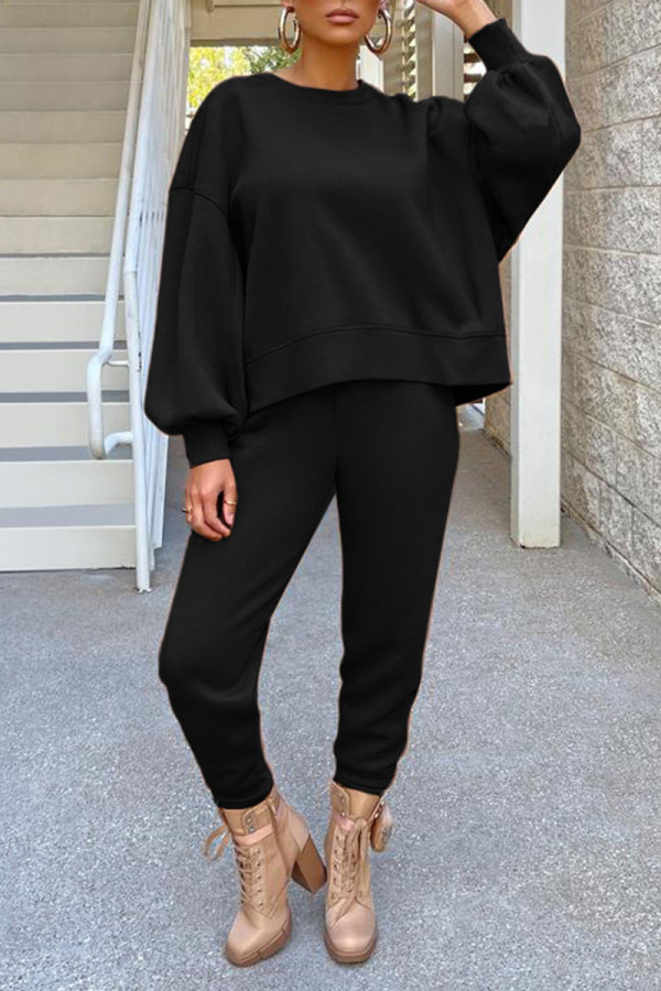 Black Casual Solid Patchwork O Neck Long Sleeve Two Pieces