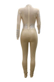 Apricot Fashion Casual Patchwork Hot Drill Half A Turtleneck Skinny Jumpsuits
