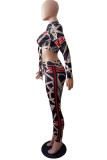 Black Sexy Casual Print Bandage Hollowed Out Turndown Collar Long Sleeve Two Pieces