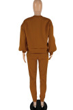Coffee Casual Solid Patchwork O Neck Long Sleeve Two Pieces