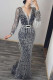 Black Sexy Patchwork Bronzing Tassel With Belt V Neck Long Sleeve Dresses