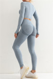 Blue Casual Sportswear Solid Split Joint Skinny Long Sleeved Top Trousers Two-piece Set