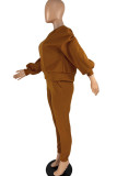 Coffee Casual Solid Patchwork O Neck Long Sleeve Two Pieces