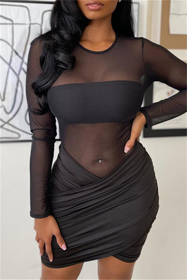 Black Fashion Sexy Patchwork See-through O Neck Long Sleeve Dresses