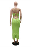 Green Sexy Patchwork Bandage Backless Slit Square Collar Sling Dress
